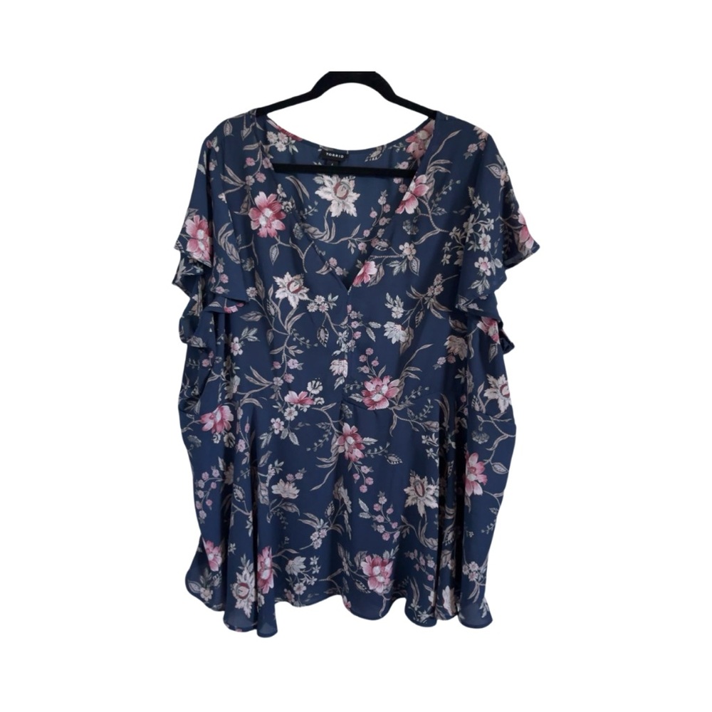 Torrid Short Sleeve Floral Blouse Boho Cottage Core Blue Teal Pink Size 4 (4X)